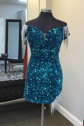 Sparkly Green Off The Shoulder Fringed Homecoming Dress with Sequins