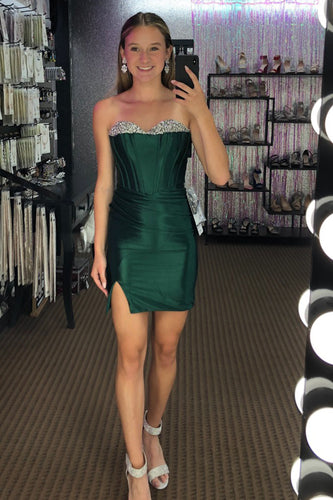 Sparkly Dark Green Sweetheart Tight Satin Homecoming Dress with Beading