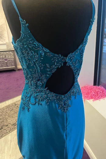 Blue Spaghetti Straps Bodycon Corset Homecoming Dress with Appliques