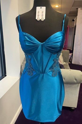 Blue Spaghetti Straps Bodycon Corset Homecoming Dress with Appliques