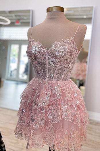 Pink Sparkly Spaghetti Straps Sequins Short Homecoming Dress