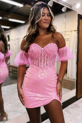 Sparkly Pink Sweetheart Corset Sequined Homecoming Dress with Lace