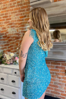 Sparkly Blue One Shoulder Tight Sequined Short Homecoming Dress