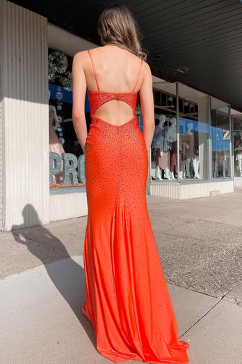 Orange Mermaid Spaghetti Straps Long Prom Dress with Beading