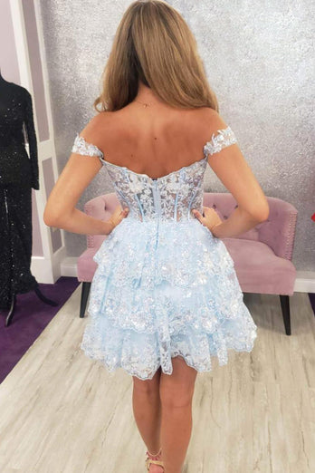 A Line Golden Off the Shoulder Corset Homecoming Dress with Lace