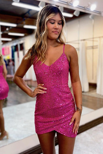 Sparkly Fuchsia Spaghetti Straps Bodycon Homecoming Dress with Sequins