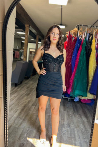 Glitter Black Spaghetti Straps Bodycon Corset Homecoming Dress with Sequins