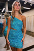 Load image into Gallery viewer, Sparkly Turquoise One Shoulder Bodycon Homecoming Dress with Sequins