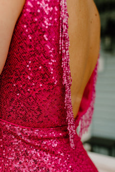 Sparkly Fuchsia V-Neck Bodycon Homecoming Dress with Sequins