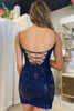 Load image into Gallery viewer, Sparkly Purple Spaghetti Straps Tight Short Homecoming Dress with Sequins