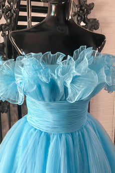 Blue A-Line Strapless Tulle Homecoming Dress with Ruffles
