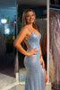 Load image into Gallery viewer, Glitter Light Blue Mermaid Backless Long Prom Dress With Slit