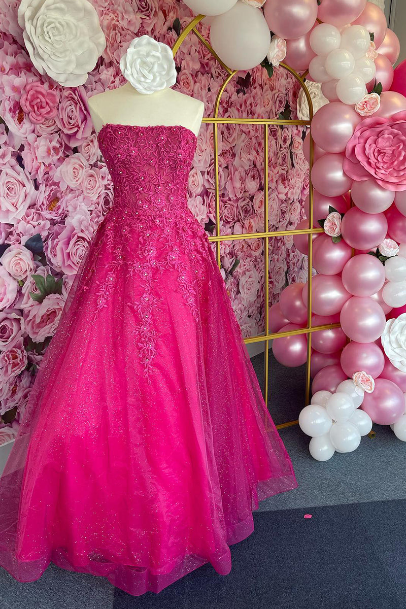 Load image into Gallery viewer, Fuchsia A Line Strapless Long Prom Dress With Embroidery