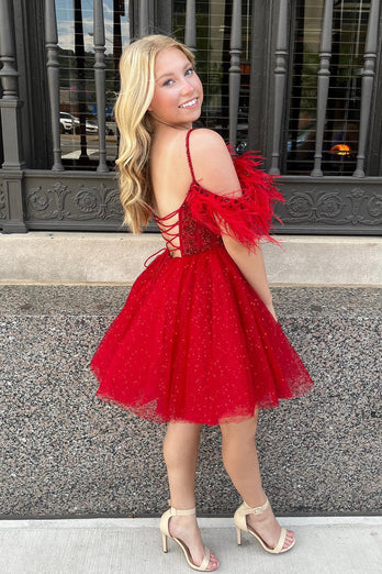 Glitter Red A-Line Sequined Homecoming Dress with Feathers