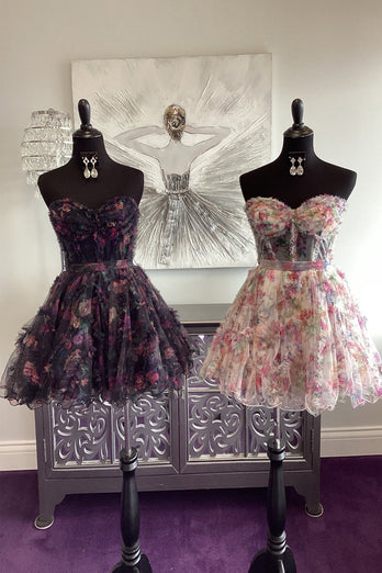 A-Line Lilac Sweetheart Floral Printed Homecoming Dress