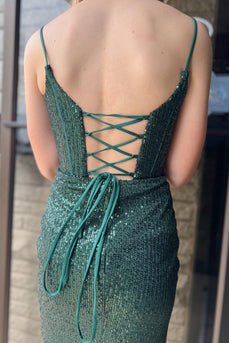 Sparkly Dark Green Spaghetti Straps Corset Homecoming Dress with Sequins