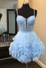 Load image into Gallery viewer, Glitter Blue A-Line Spaghetti Straps Homecoming Dress with Ruffles