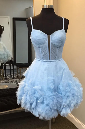 Glitter Blue A-Line Spaghetti Straps Homecoming Dress with Ruffles