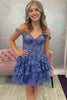 Load image into Gallery viewer, Sparkly A Line Off the Shoulder Dark Blue Corset Homecoming Dress with Tiered Lace