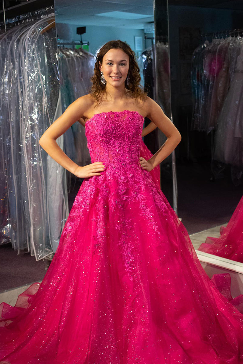 Load image into Gallery viewer, Fuchsia A Line Strapless Long Prom Dress With Embroidery