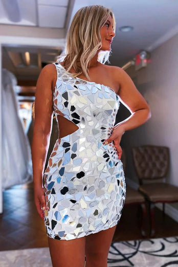 Sparkly Silver One Shoulder Cut Out Tight Mirror Homecoming Dress
