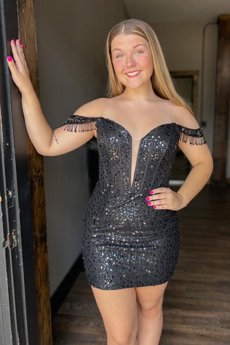 Sparkly Black Off The Shoulder Tight Homecoming Dress with Sequins