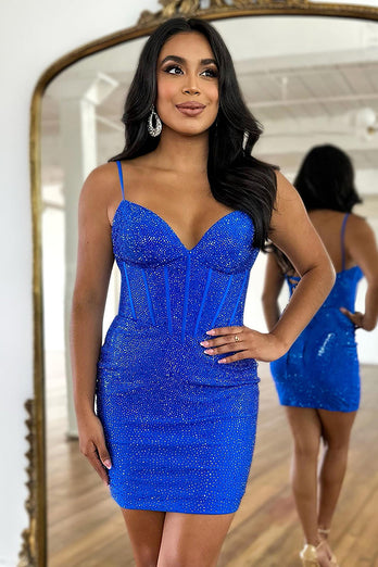 Navy Sparkly Spaghetti Straps Corset Homecoming Dress with Beading