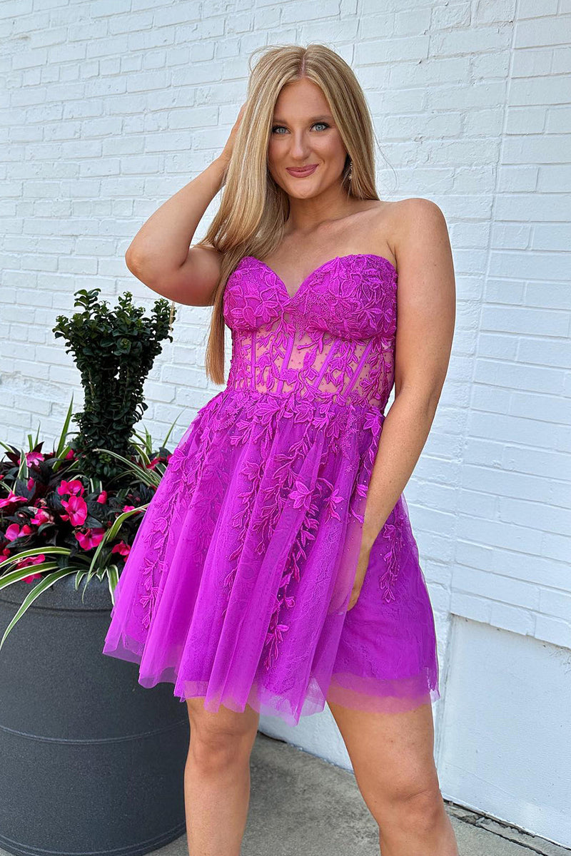 Load image into Gallery viewer, Sparkly A-Line Fuchsia Sweetheart Corset Homecoming Dress with Lace