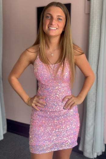 Sparkly Fuchsia Spaghetti Straps Sequined Tight Homecoming Dress