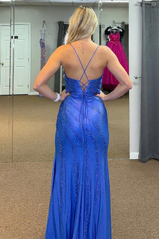 Glitter Royal Blue Mermaid Long Prom Dress With Slit