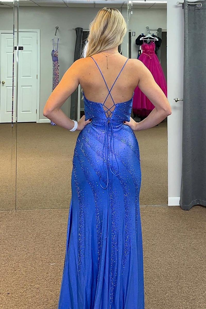 Load image into Gallery viewer, Glitter Royal Blue Mermaid Long Prom Dress With Slit