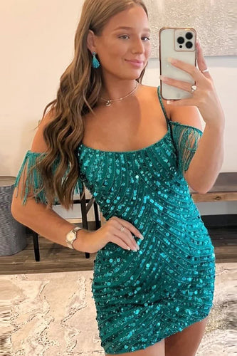 Peacock Green Tight Sequins Cocktail Dress with Fringes