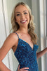 Load image into Gallery viewer, Sparkly Blue Spaghetti Straps Bodycon Homecoming Dress with Fringes