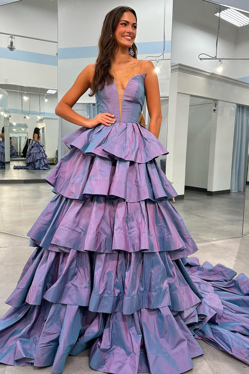 Load image into Gallery viewer, A Line Purple Long Tiered Prom Dress