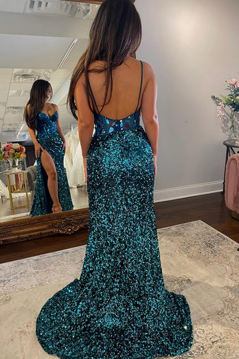 Sparkly Peacock Blue Mirror Long Sequins Prom Dress with Slit