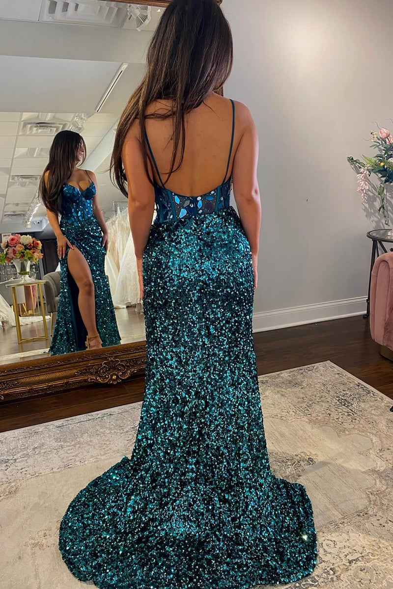 Load image into Gallery viewer, Sparkly Peacock Blue Mirror Long Sequins Prom Dress with Slit