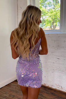 Sparkly Lilac Spaghetti Straps Corset Homecoming Dress with Sequins