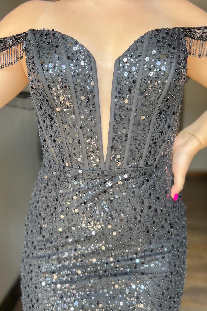 Load image into Gallery viewer, Sparkly Black Off The Shoulder Tight Homecoming Dress with Sequins