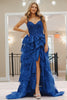 Load image into Gallery viewer, Glitter Royal Blue A Line Long Tiered Appliqued Prom Dress With Slit