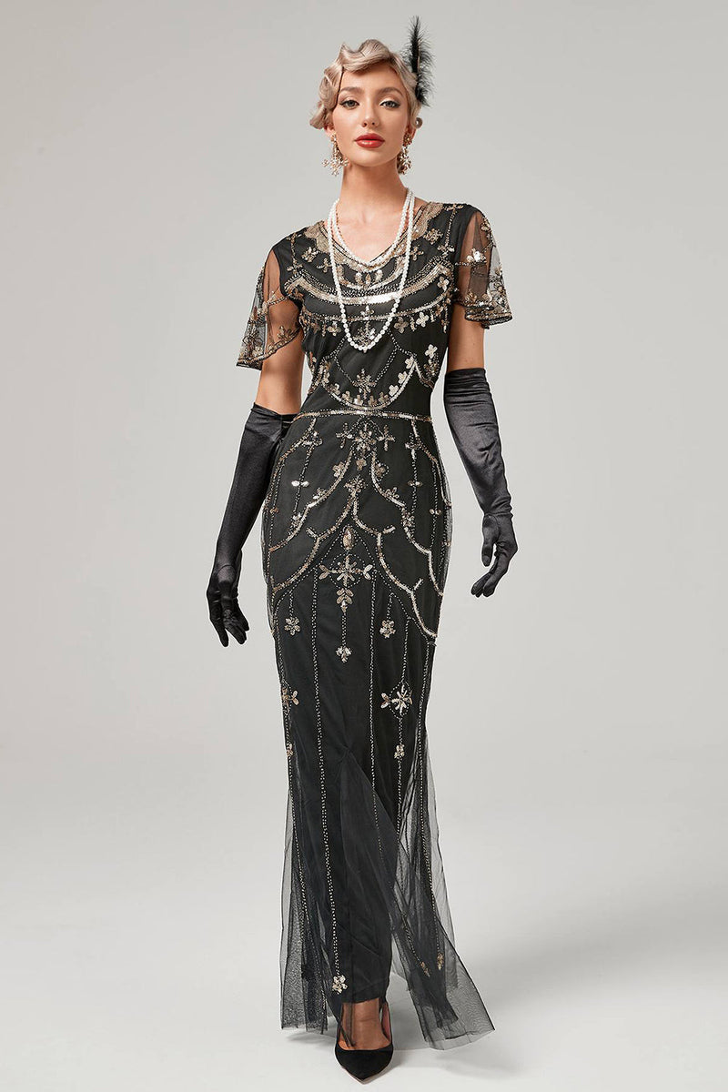 Load image into Gallery viewer, Black Blush Sequins Long 1920s Dress