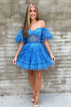 A-Line Blue Off The Shoulder Corset Homecoming Dress with Sleeves