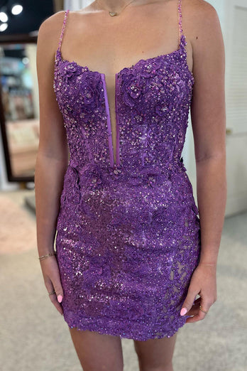 Sparkly Purple Spaghetti Straps Tight Short Homecoming Dress with Sequins