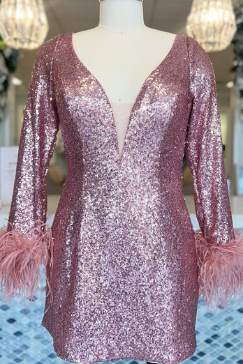 Sparkly Fuchsia Sequined Long Sleeves Homecoming Dress with Feathers