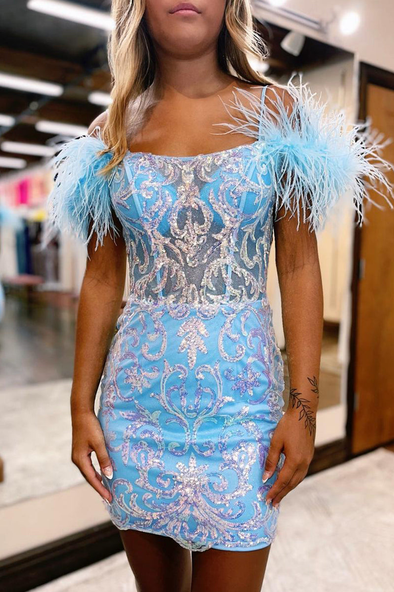 Load image into Gallery viewer, Glitter Blue Spaghetti Straps Tight Corset Homecoming Dress with Feathers