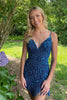 Load image into Gallery viewer, Sparkly Blue Spaghetti Straps Bodycon Homecoming Dress with Fringes