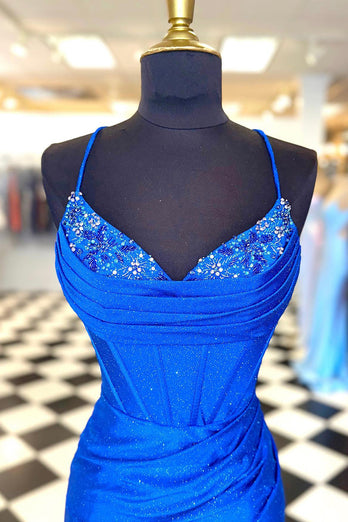 Sparkly Royal Blue Spaghetti Straps Corset Homecoming Dress with Beading