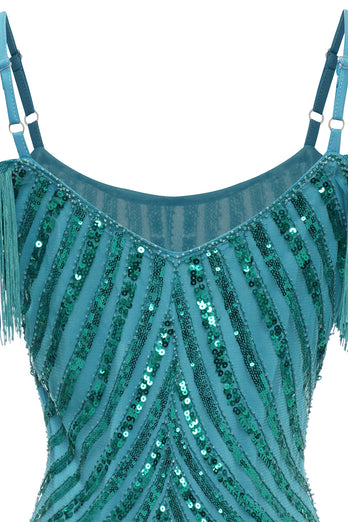Peacock Green Tight Sequins Cocktail Dress with Fringes