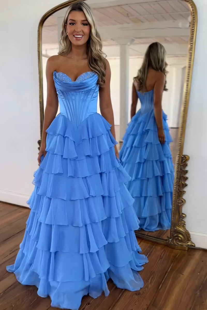 Load image into Gallery viewer, A Line Blue Strapless Corset Tiered Chiffon Long Prom Dress