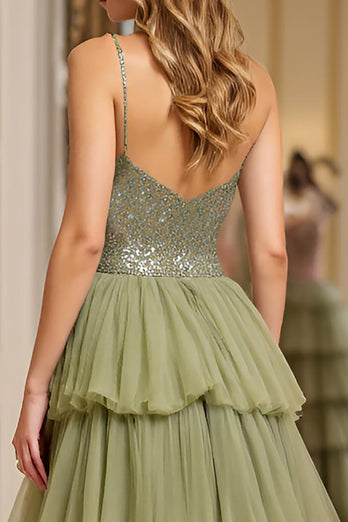 Dusty Sage Sequins A Line Tiered Long Tulle Prom Dress