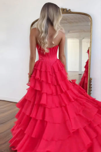 Red Strapless Corset Tiered Chiffon Long Prom Dress with Slit